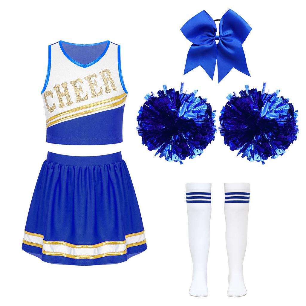 Girls Cheerleading Outfit Sleeveless V Neck Crop Top and Elastic Waist Skirt Set with Bowknot 2Pcs Hand Flowers