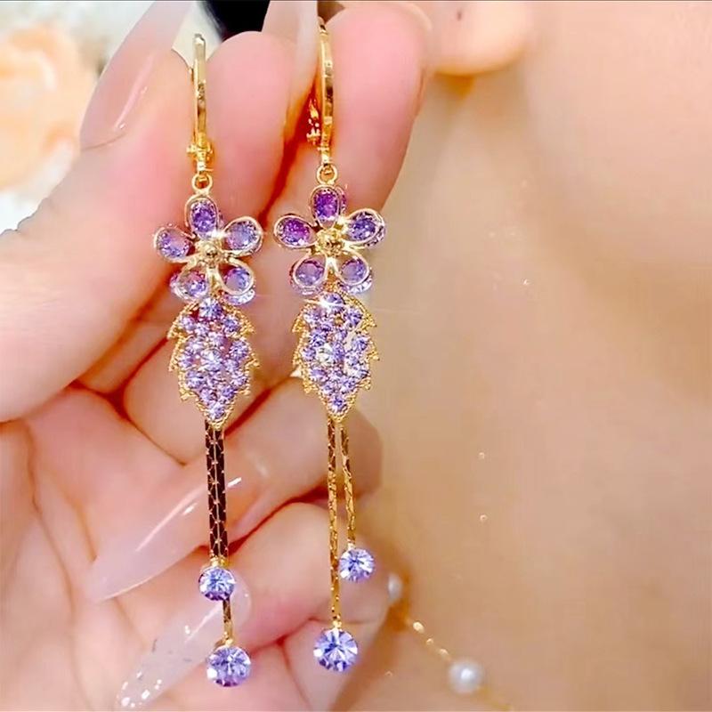 Exquisite Purple Zircon Flower Leaves Long Tassel Earrings For Women Fashionable Daily Accessory Party  Birthday Gifts