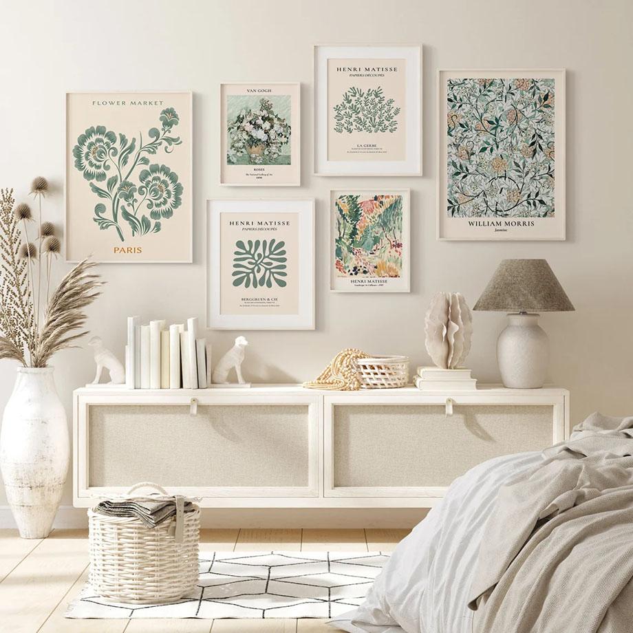 Sage Green Green Floral Wall Art Prints Set Modern Set 6 Abstract Posters Gallery Canvas Painting Pictures Living Room Decor