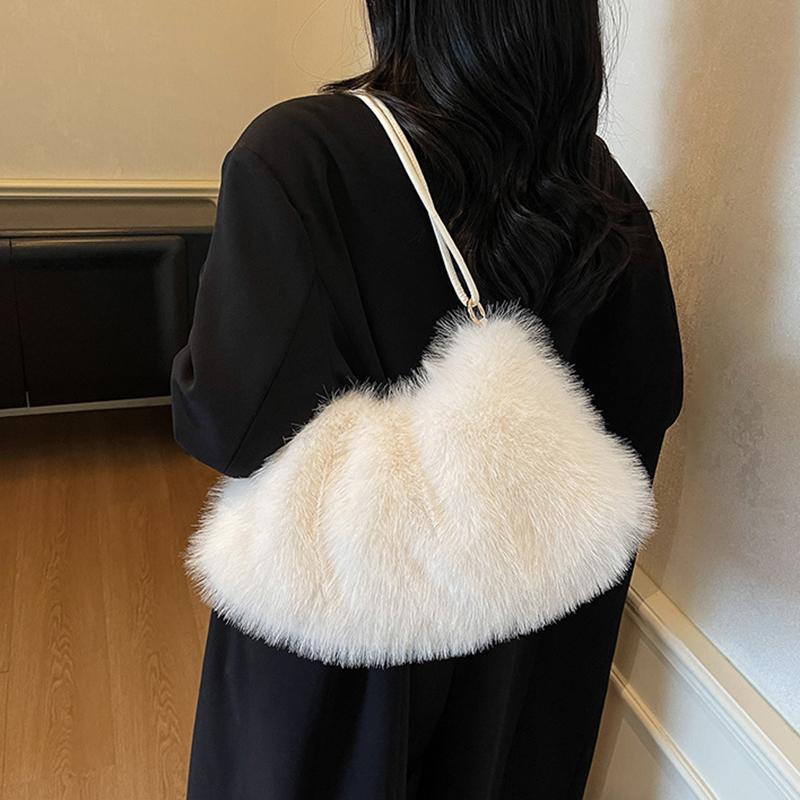 Women's Large Capacity Shoulder Bag Solid Color Plush Imitation Fur Handbag For Autumn And Winter Fashion