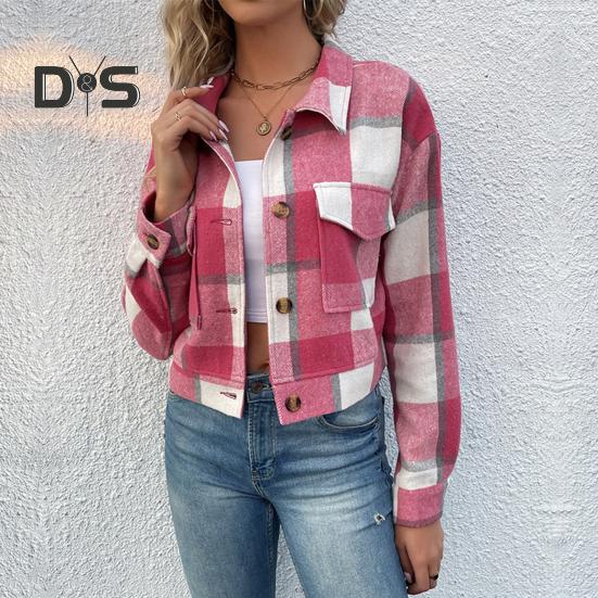 Fall Winter Women Jacket Color Matching Plaid Print Long Sleeve Lapel Single breasted Pockets Thick Cardigan Vintage Lady Coat