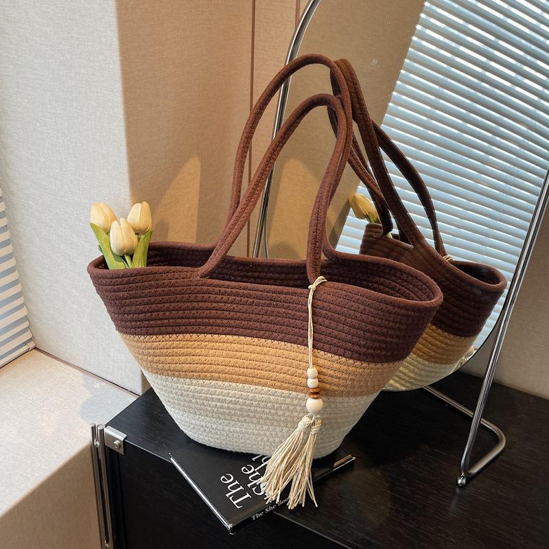 Large-capacity Contrasting Color Bag Women's New Casual Woven Bag Summer Versatile Seaside Vacation Beach Bag