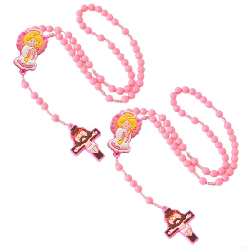 62KD 2Pieces Catholic Children Rosary Necklace Set with Crosses Pendant Acrylic Beads Neck Chain for Religious Event Gift