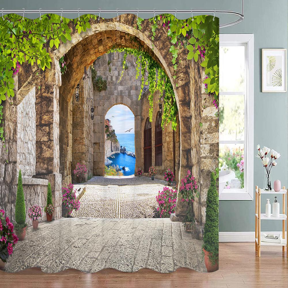 Fence Flowers Shower Curtains Blue Window Nature Floral Plants Scenery Modern Garden Wall Hanging Home Bathroom Decor With Hooks