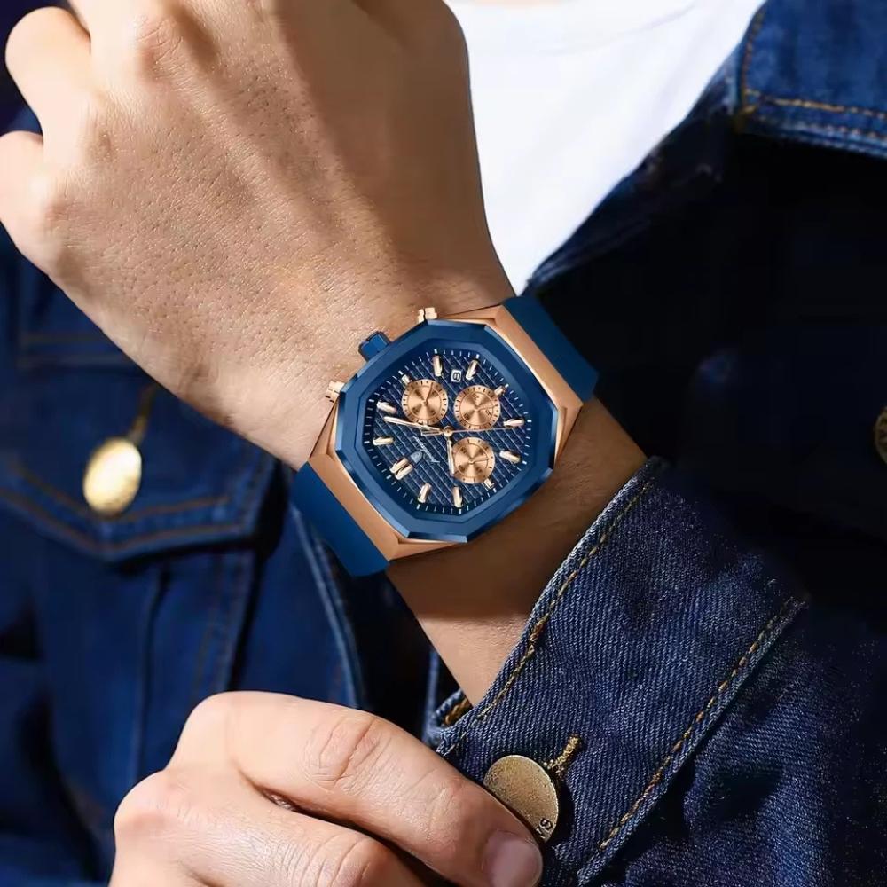 POEDAGAR Functional Watch for Men Date Chronograph Luminous Waterproof Silicone Classic Male Watch Quartz Original Watches