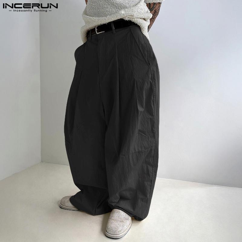 INCERUN Men Zip-up Waist Drape Style Casual Loose Flimsy Wide Legs Pants Long Trousers