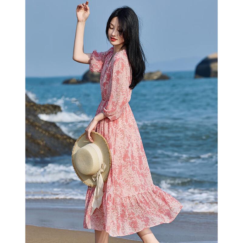 Demana French V-Neck Chiffon Print Puff Sleeve Ruffled Dress