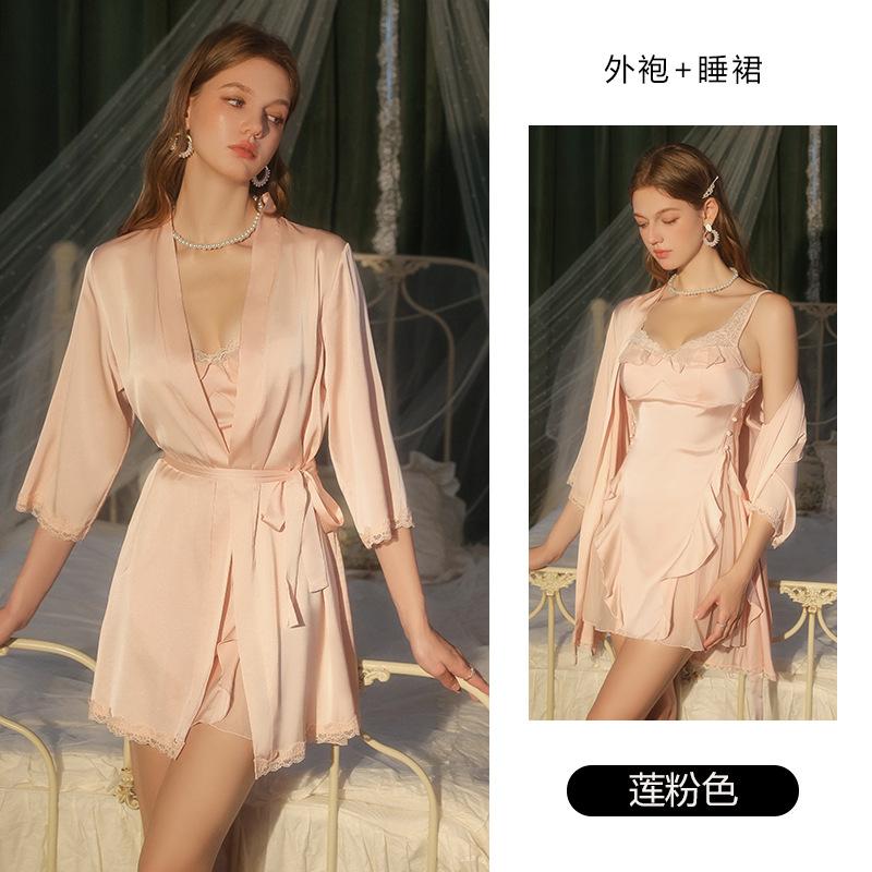 Women's Plus Size Satin Deep V Padded Backless Sleep Dress with Robe Lounge Set