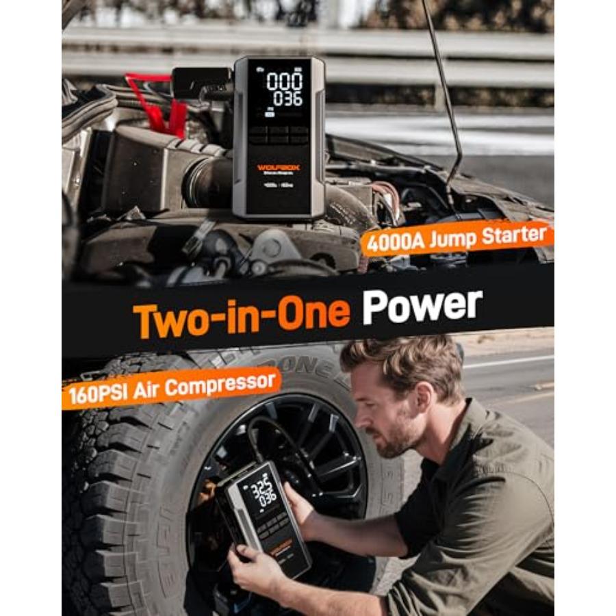 4000A Jump Starter with 160PSI Air Compressor 12V Car Battery Booster 88.8Wh Portable Jump Box 10.0 Gas/10.0L Diesel with 65W F
