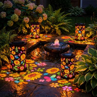 Colorful Sunflower Solar Lantern Metal Hanging Garden Light with Flower Pattern Waterproof Outdoor Solar Lamp for Patio Yard Pathway