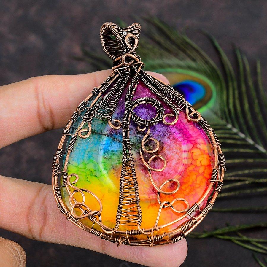Natürlicher Regenbogen Sonnenquarz Edelstein Kupferdraht Wickel Geschenk Anhänger 3.55 L8C00