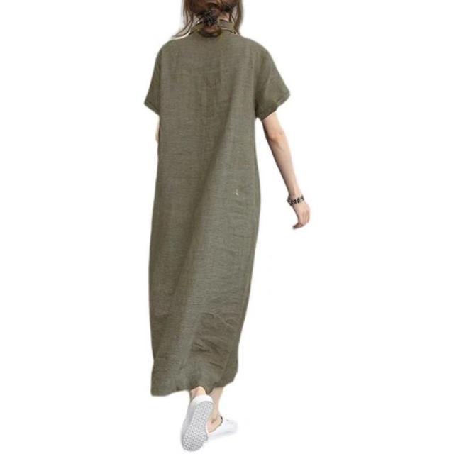Polo Collar Cotton-Linen Short Sleeve Loose Pocket Dress