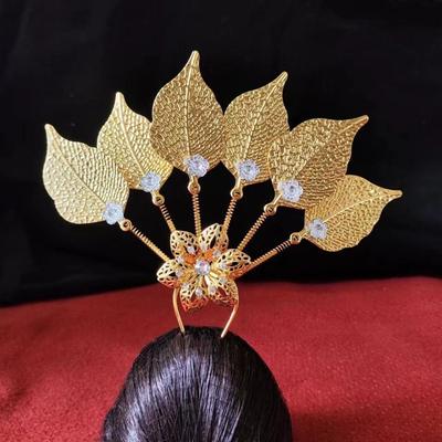 Gold Thai Metal Leaves Hairpin Rhinestone U-shaped Hair Fork Antique Thai Hair Sticks  Wedding