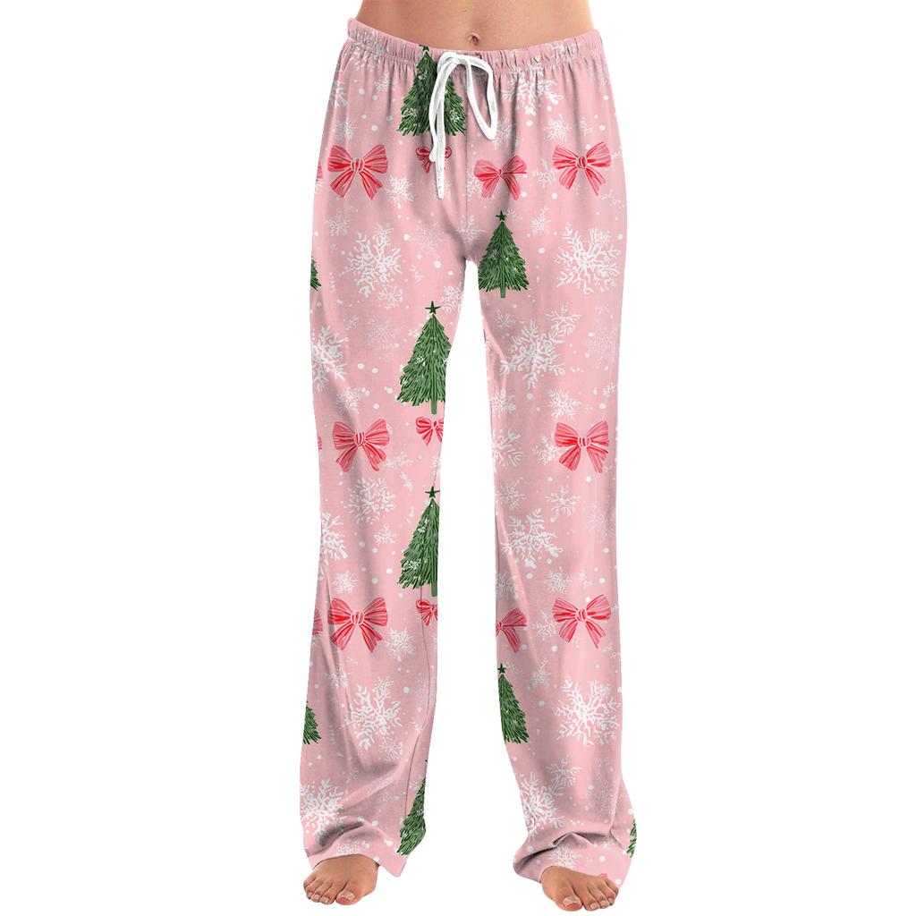 Ladies' Loose And Casual Christmas Printed Wide Leg Pants With Elastic Waistband Drawstring And Pocket Pants