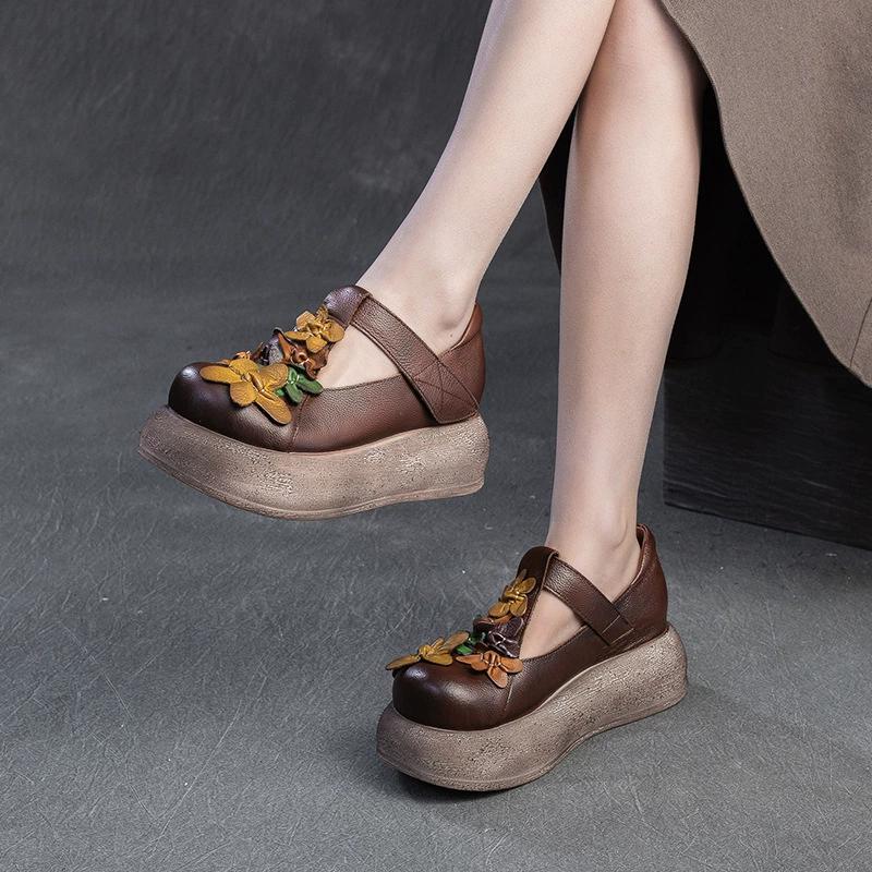 Fashion GKTINOO Retro Round Toe Thick Soled Shoes For Spring And Summer 2025 New Genuine Leather Flower Women's Flat Platform Shoes