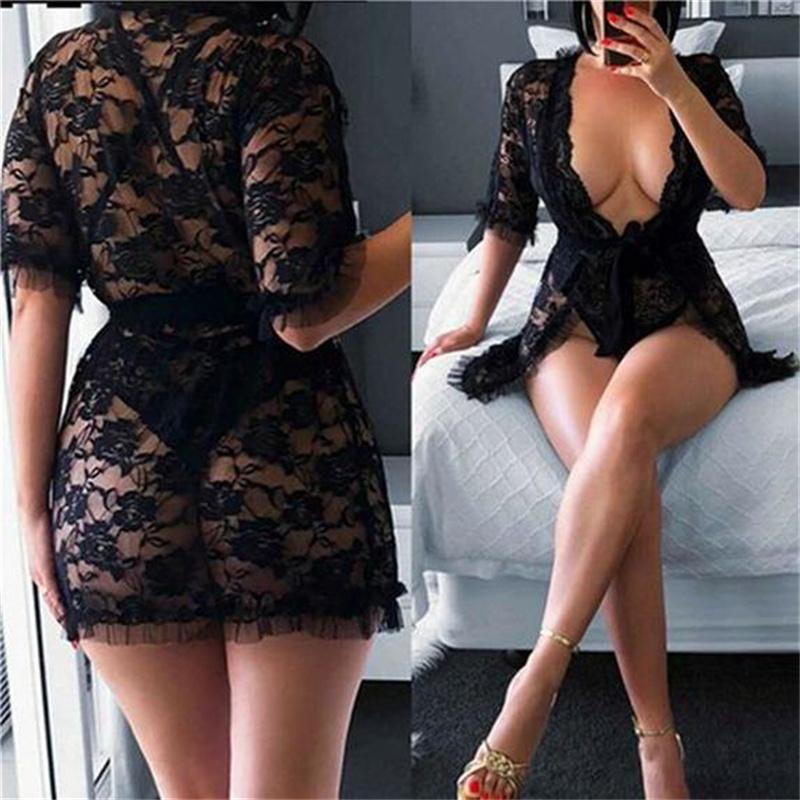 Women Sexy Lingerie Black Lace Dress Robe Sleepwear Ladies Female See Through Floral Nightgown Underwear