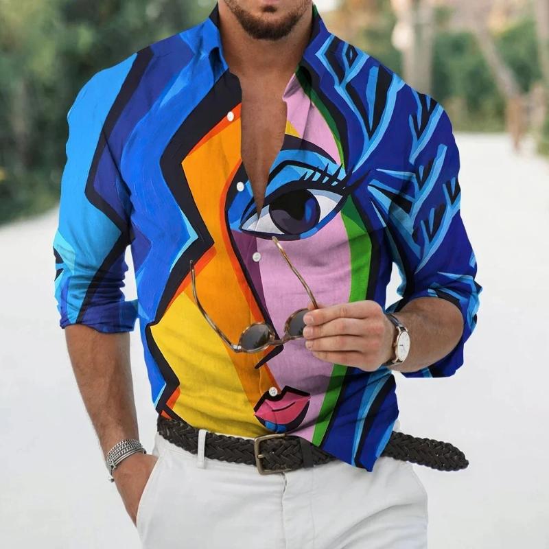 Fashion Long Sleeve Lapel Button Up Plus Size Shirt Men 3d Print Blouse
