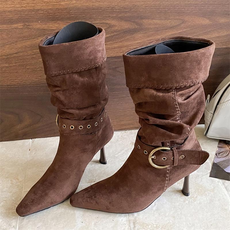 Fashion Eilyken Women Ankle Boots Designer Pleated Turned-over Edge Buckle Strap Short Booties Sexy Thin High Heels Banquet Prom Shoes