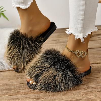 Faux Fur Fluffy Flat Slippers Trendy Open Toe Soft Sole Shoes Winter Warm Indoor Slippers