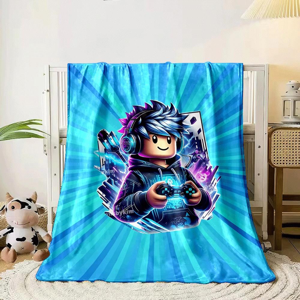 Blue-haired character with headphones holding a controller, glowing hoodie. for all seasons blanket lunch break throw gift 80cm x 120cm