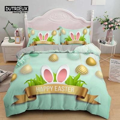 Ensemble de housse de couette en dessin animé lapin pastoral avec motif œufs de Pâques Ensemble de literie pour enfants Microfibre Simple King Housse de couette