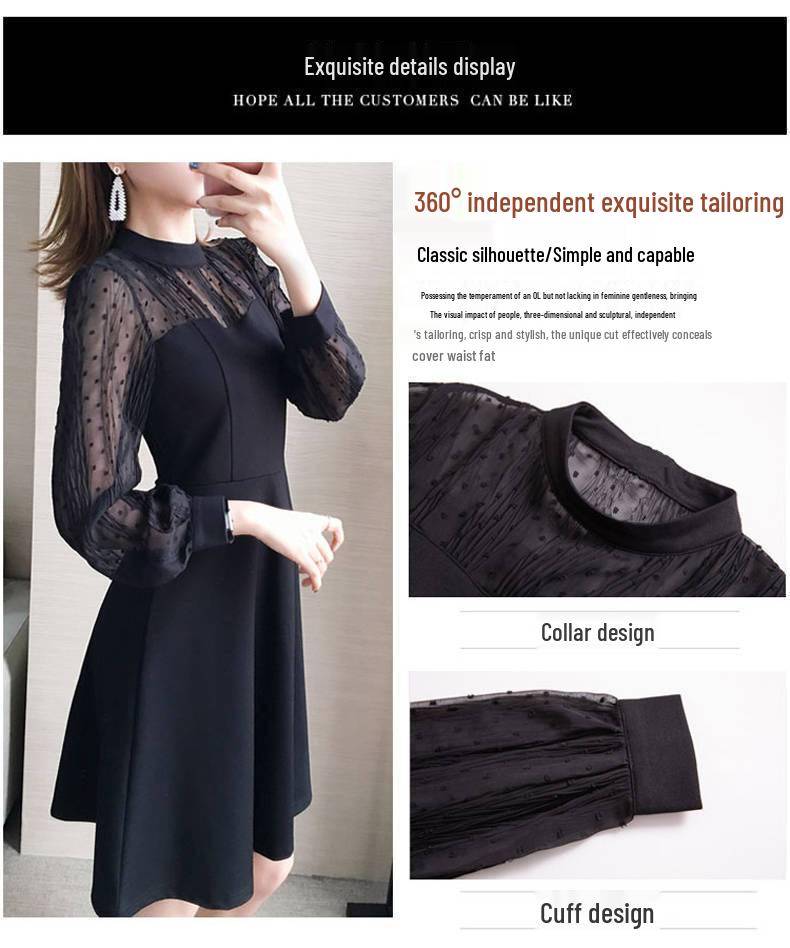 Plus Size Lace Slimming Dress - Cinched Waist, Long Sleeve, Spring & Autumn