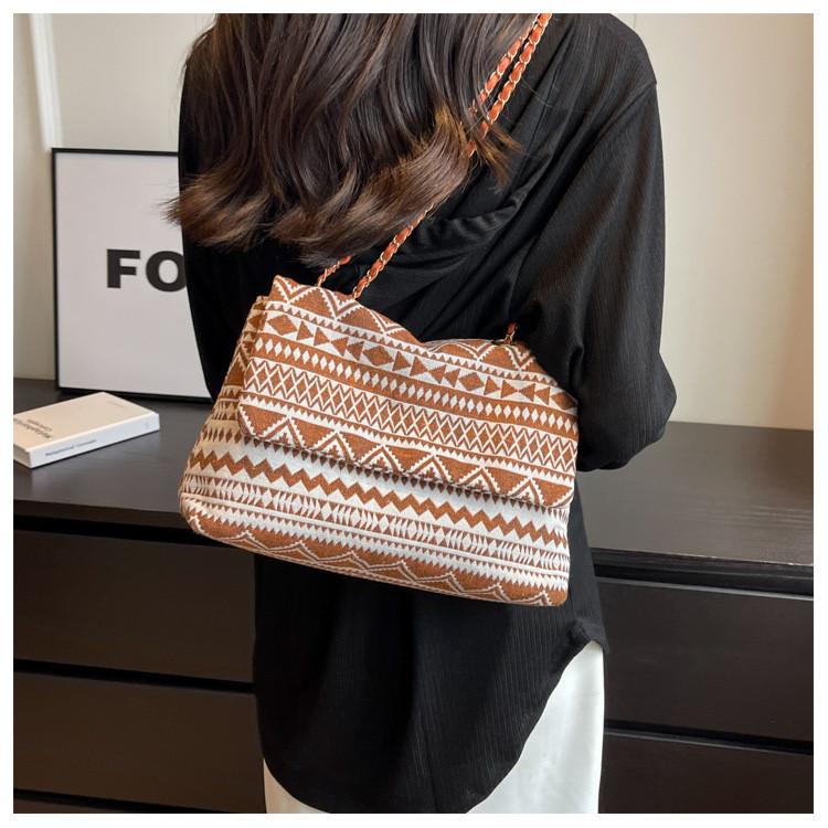 Bohemian Geometric Style Pattern Women Shoulder Chain Cloth Bag For Daily Use