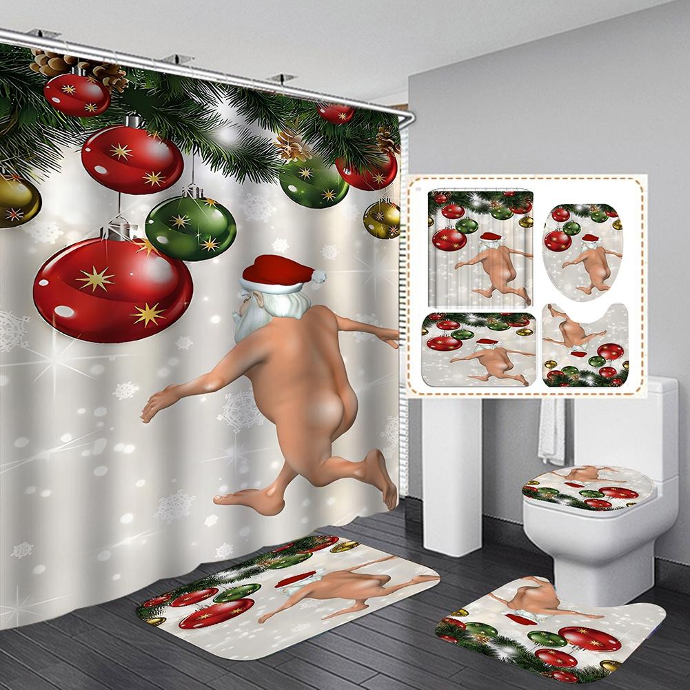 Christmas Bathroom Shower Curtain 4Pcs Set Snowman Santa Claus Pattern Waterproof Shower Curtain Toilet Cover Mat Non Slip Rug
