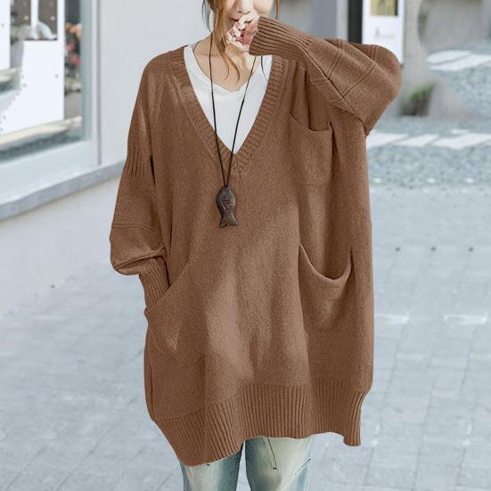 Women Sweater V-Neck Long Sleeve Sweater with Pockets Solid Color Loose Fit Long Hem Knitting Tops Autumn Winter Wear