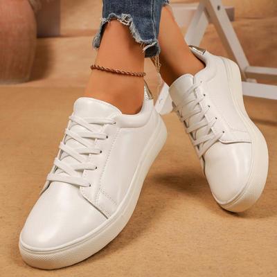 Lässige einfarbige weiße Schnür-Flach-Skateschuhe Damen 2025 Herbst Silberne Einsätze Runde Zehenpartie Sneaker Komfort Rutschfeste Schuhe