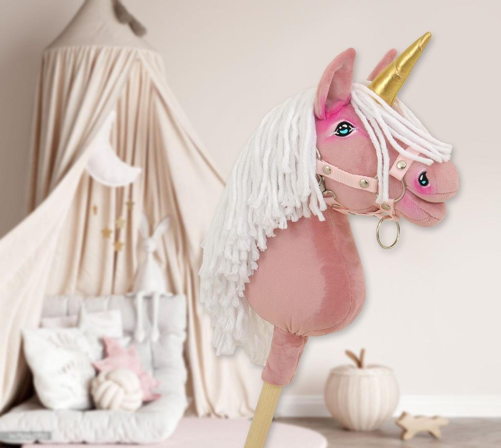 Hobby Horse Einhorn am Stock, Klein, Staubrosa, mit Weißer Mähne und Goldenem Horn