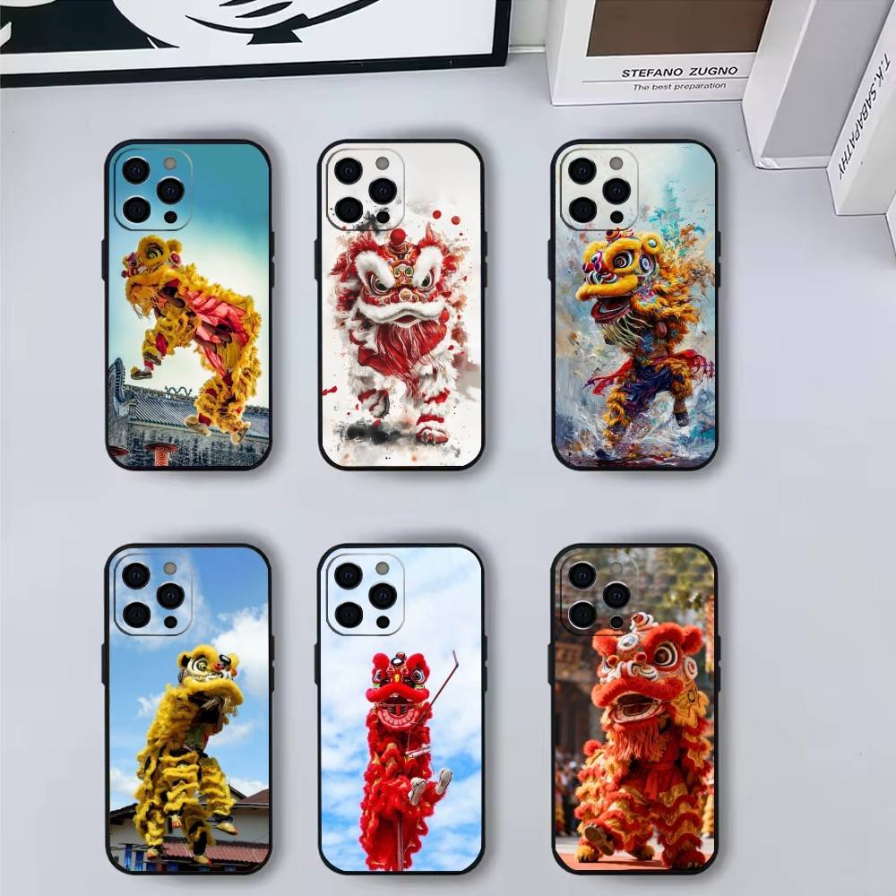 Chinese Lion Dance Phone Case For iPhone 17, 16,15,14,13,12,11 Plus,Pro Max, Others Soft Black Cover