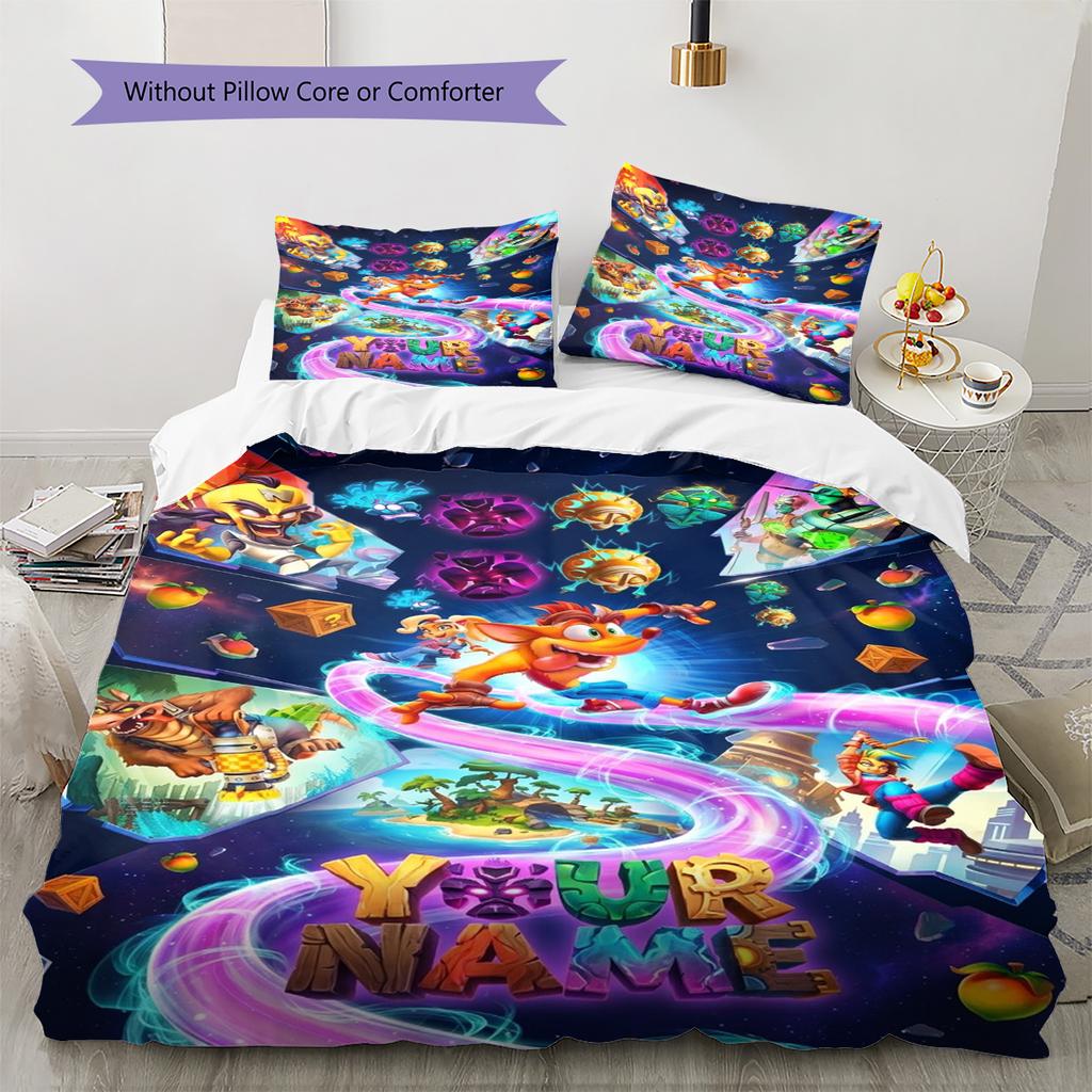 Name Custom Crash Bandicoot Pattern Bedding Set Quilt Cover Pillowcase Home Decor Gift (1 * duvet cover + 2 * pillowcase, without core)