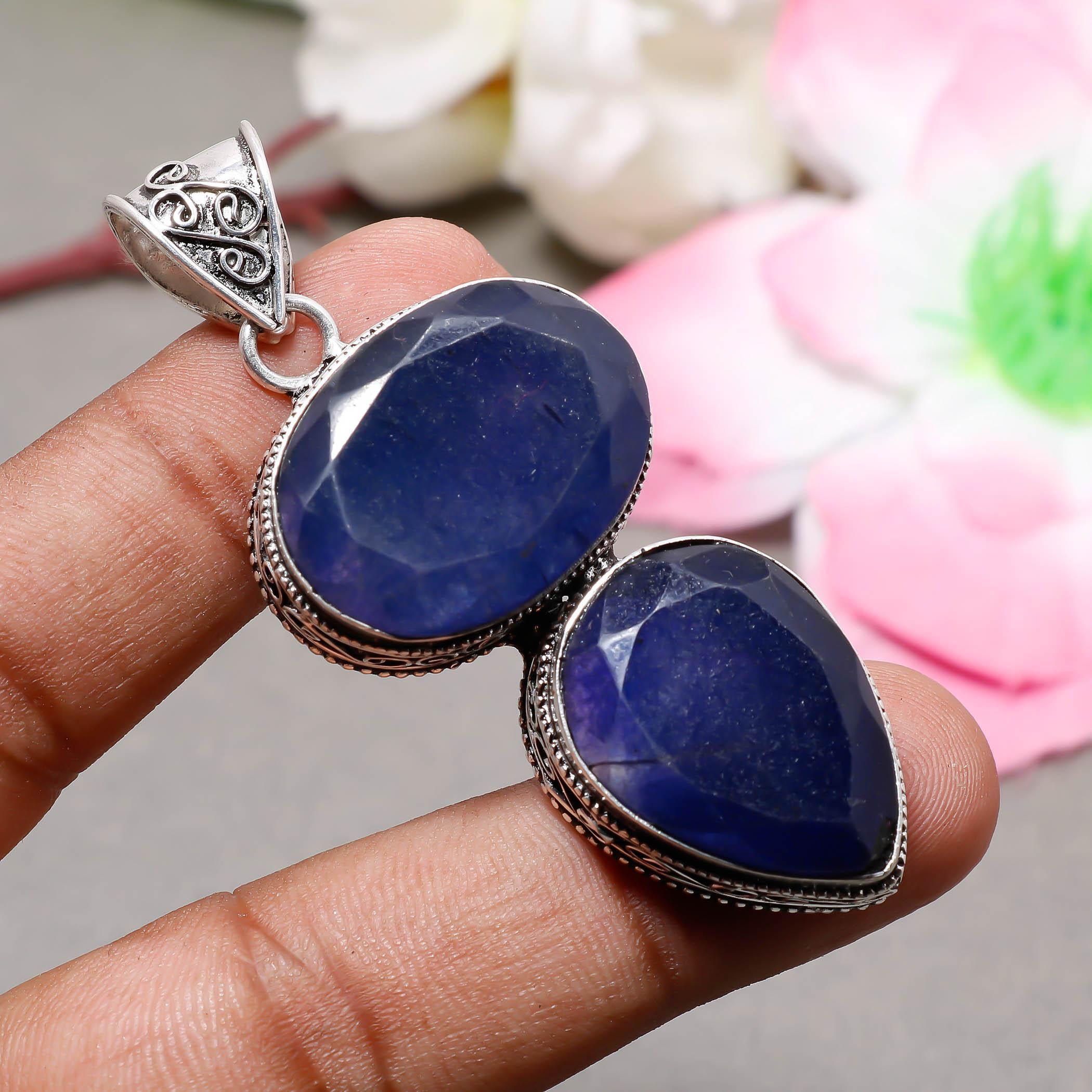 

Blue Sappire Gemstone 925 Sterling Silver Boho Jewelry Antique Pendant