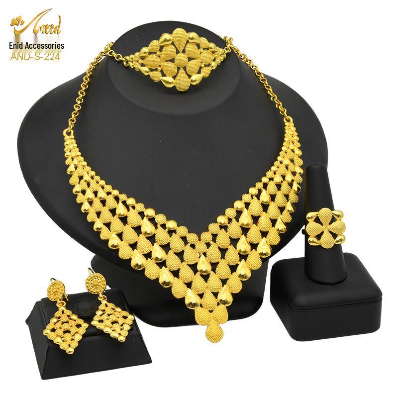 24K Dubai Gold Bridal Jewelry Set: Necklace, Bracelet, Earrings, Ring for African Women