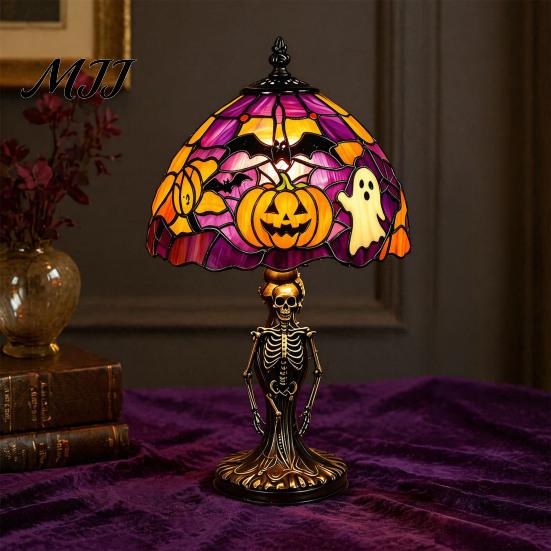 Seasonal Bedroom Decor Halloween Pumpkin Bat Table Lamp, Stained Glass Reading Light, Gothic Festive Accent Cozy Nightstand Light for Bookshelf,