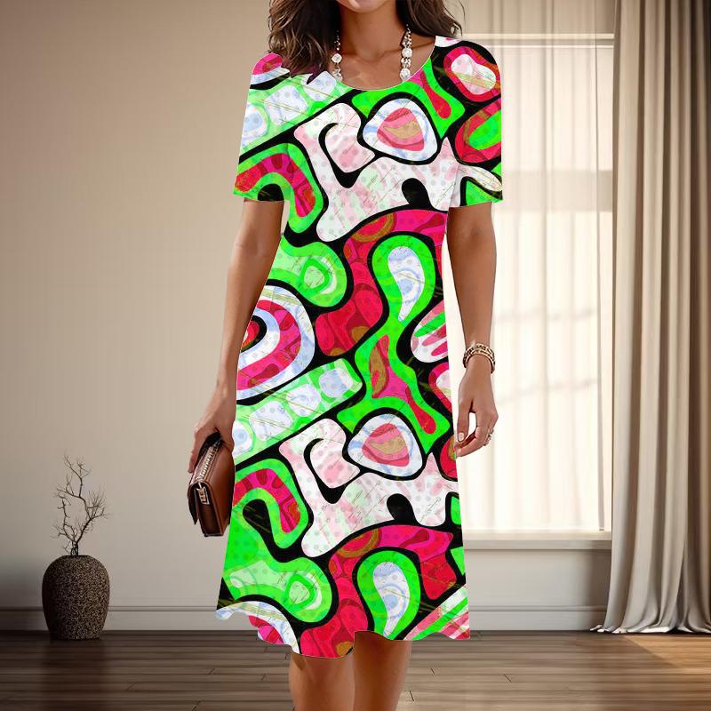 

Женская мода изящные геометрические узоры принт лето весна короткий рукав О-образный вырез повседневные платья 8XL красный