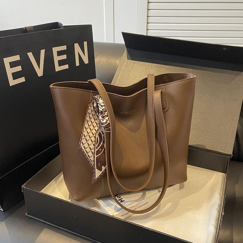 Wine Red PU Leather Tote Bag For Women Business  Large Capacity Shoulder Bag With Silk Scarf Decor For Daily Shopping Travel