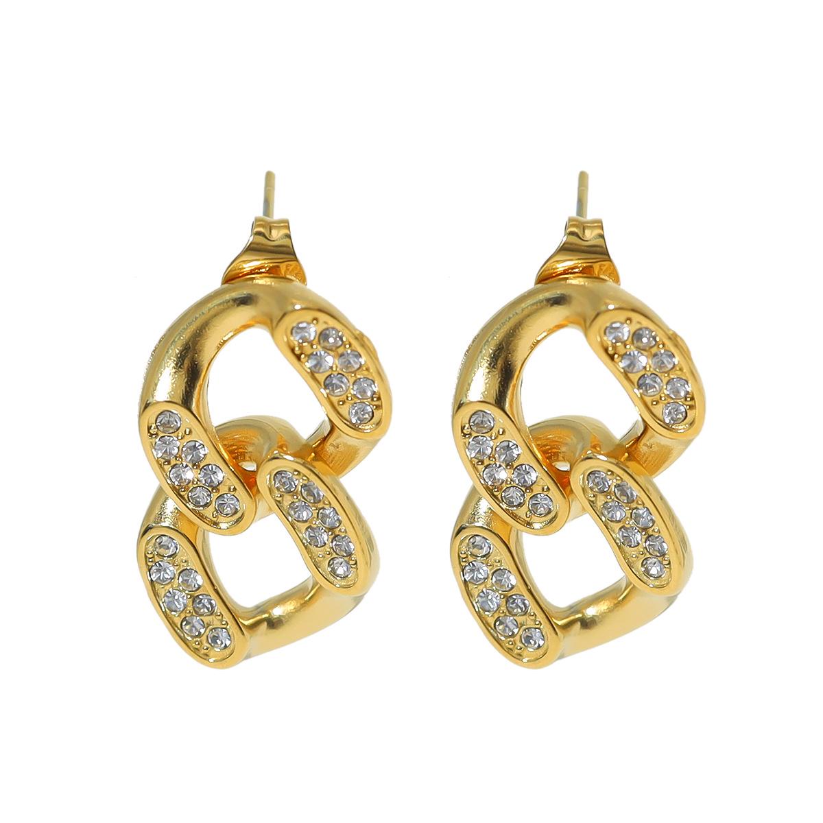 Elegant Rhinestone Titanium Steel Rope Stud Earrings, 18K Gold-Plated, Versatile for Commuting, Colorfast, High-End Feel 18K Gold Plated