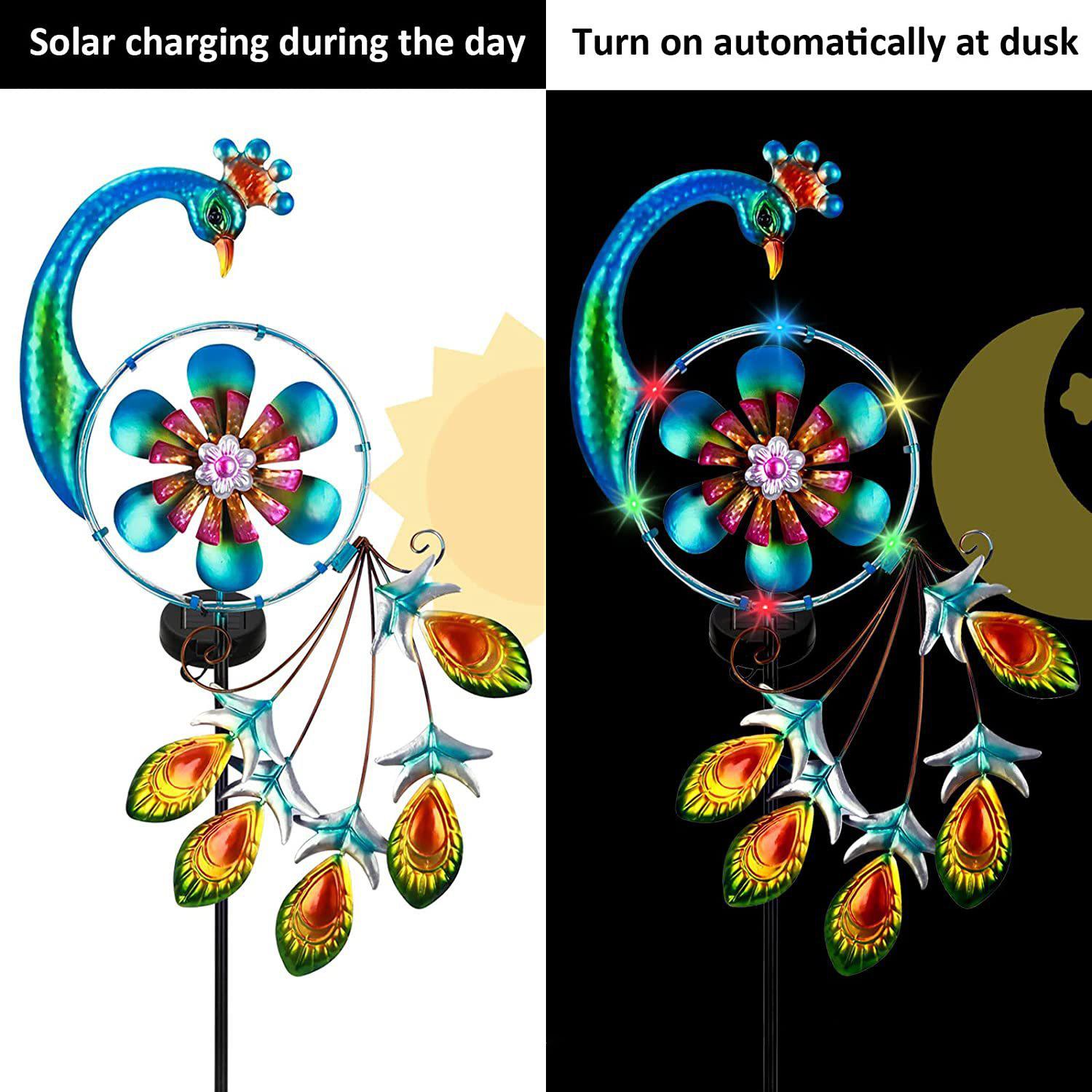 

Waterproof Metal Peacock LED Solar lights Decor Rainbow Wind Spinners Stake Windmill Pinwheels Insert Garden Yard Lawn