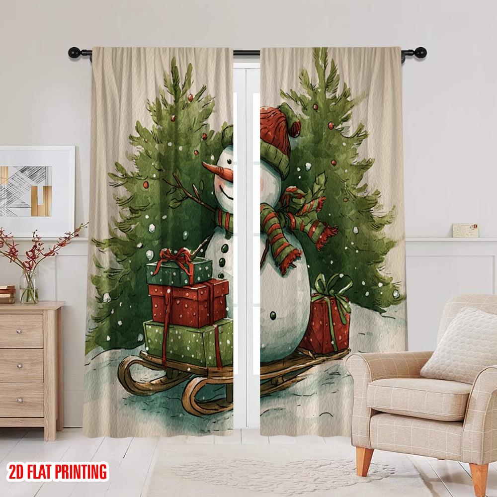 2pcs,2D plane printing Curtains&Window Treatment Snowman_ Tree & Holly Versatile Polyester Fabric (without rod) Room Decor