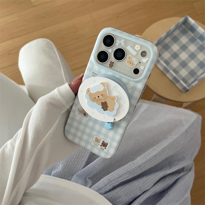 Cute Plaid Sleeping Bear Magnetic Suction Bracket for iphone11Promax iPhone 11 Mobile Phone Case 11 Female 11