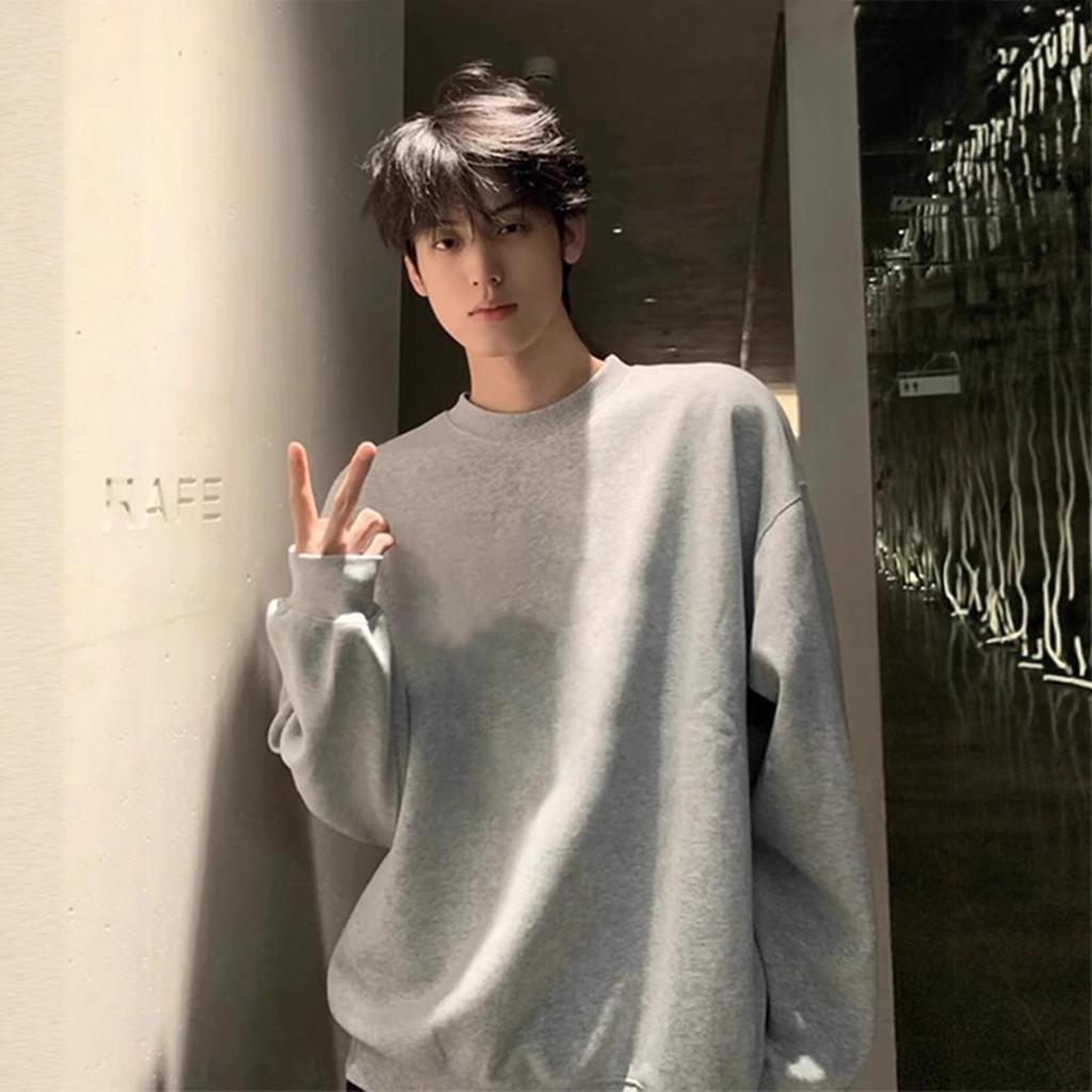 Men's Heavyweight White-Gray Fleece Hoodie: Autumn/Winter Loose Fit, Round Neck Long-Sleeve Pullover