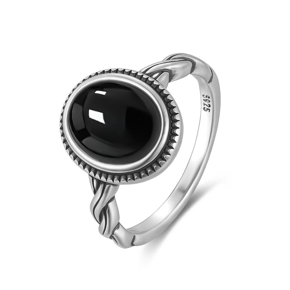 Vintage 925 Sterling Silver Ring Natural Black Onyx Ring Oval Round Stone Retro Fine Jewelry Gift Sun Shaped For Women Men