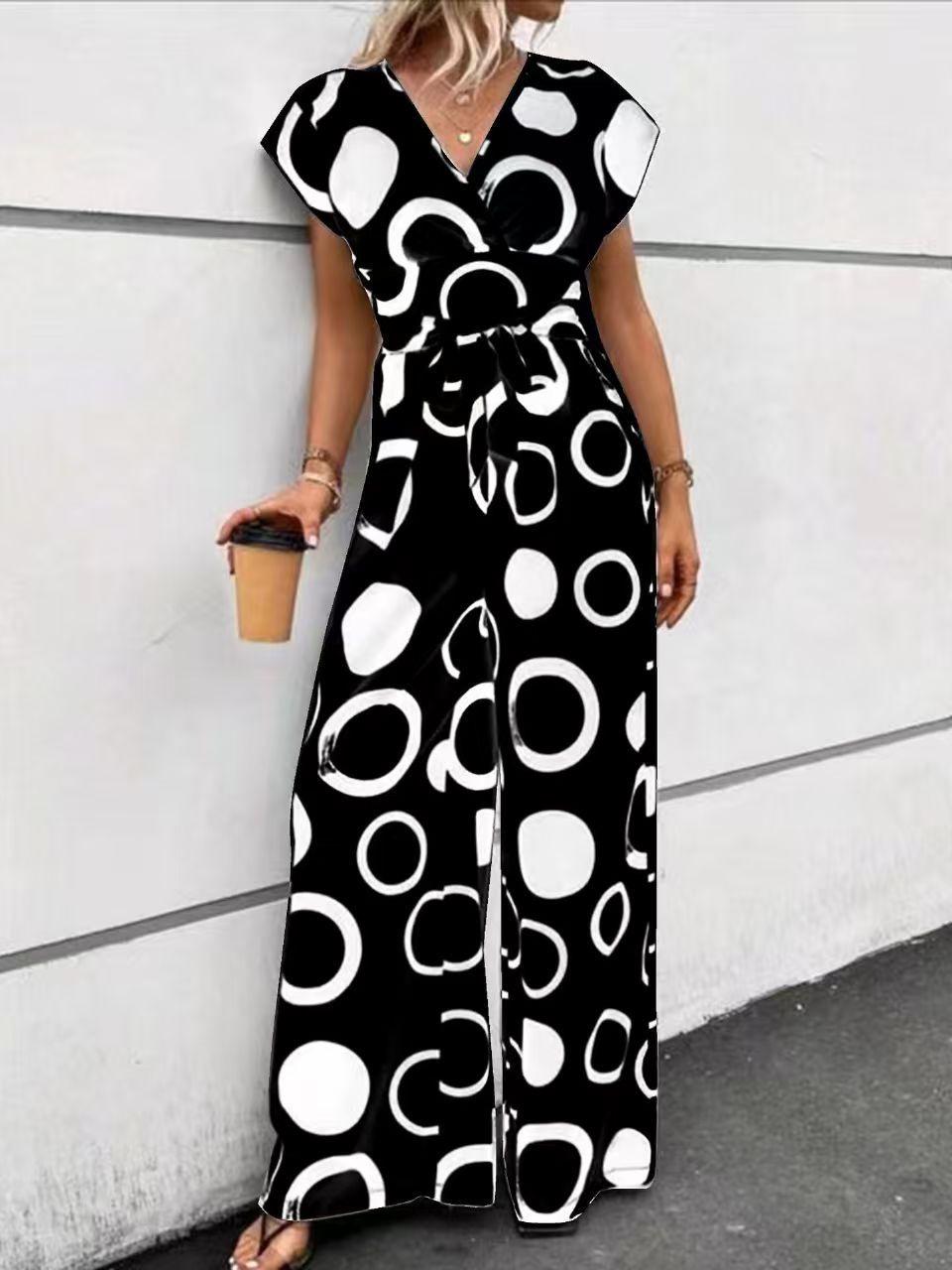 Women s Elegant V-Neck High-Waist Printed Wide-Leg Jumpsuit Large