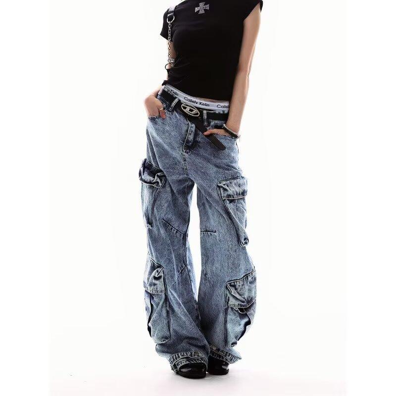 American retro heavy industry washed and old tooling jeans men's and women's multi-pocket design sense niche loose wide-leg pants