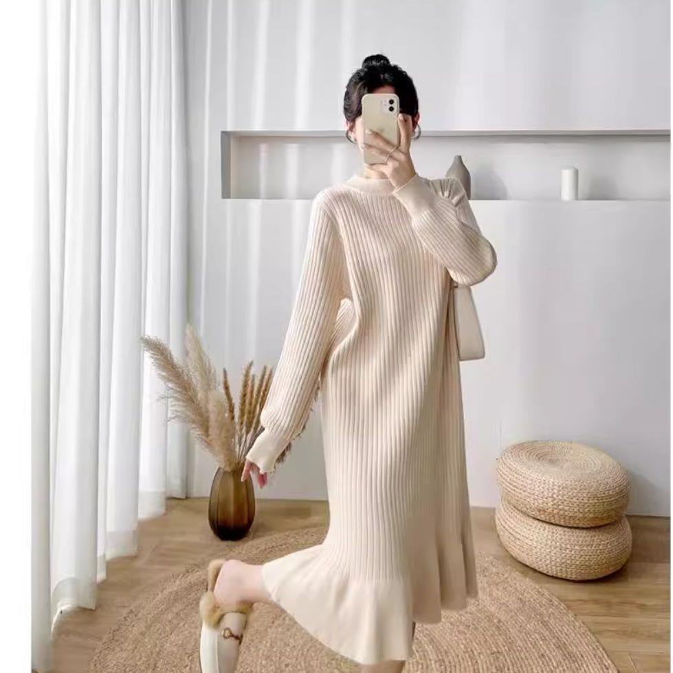 Französisches Chic Fischschwanz Pelzkleid: Herbst/Winter Gemütliches Strickkleid in mittlerer Länge