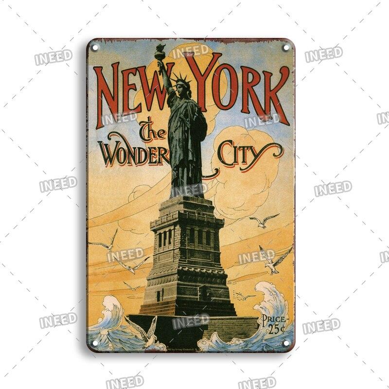 INEED Decor Vintage City Landscape Metal Tin Sign  New York London Italy  Retro Poster Travel Scenery Wall Art Stickers  Perf