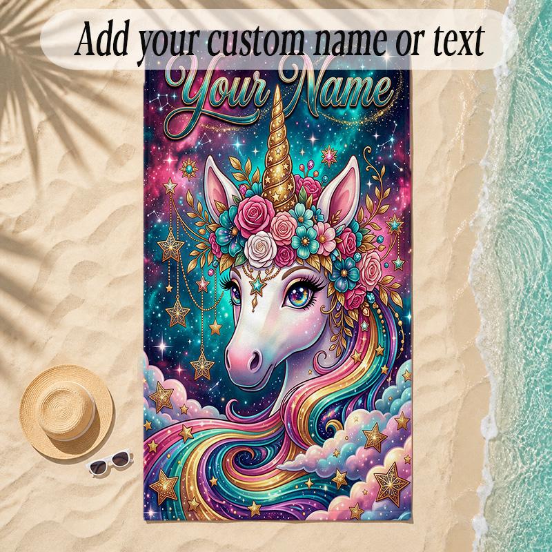 Unicorn Theme Soft Beach Towel Personalized Custom Name Text Towel Portable for Beach Pool Travel