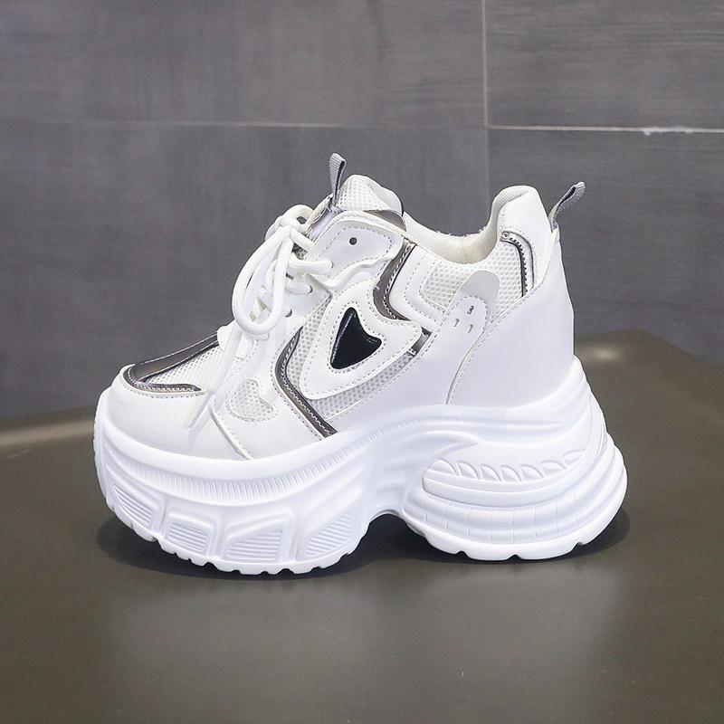 Fashion 10CM Women Casual Leather Mesh Shoes New Autumn Breathable Chunky Sneakers Street Height Increased Shoes Thick Platform Sneakers